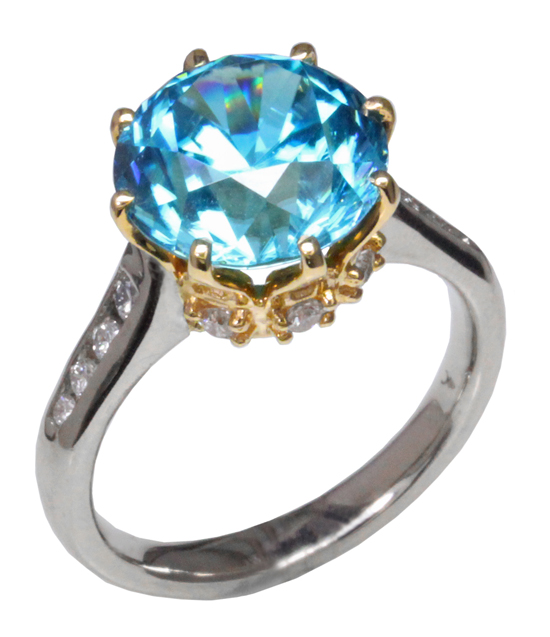 Blue Zircon and Diamond Crown Ring