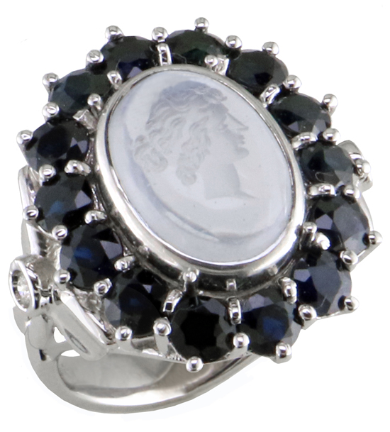 Moonstone Intaglio + Sapphire Ring